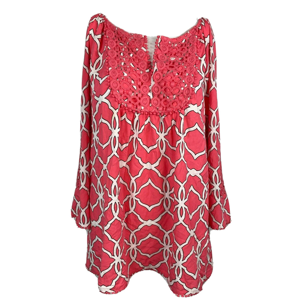 Crown & Ivy Shirt Womens Sz 0X Top Pink White Summer Print Crochet Pom Tunic